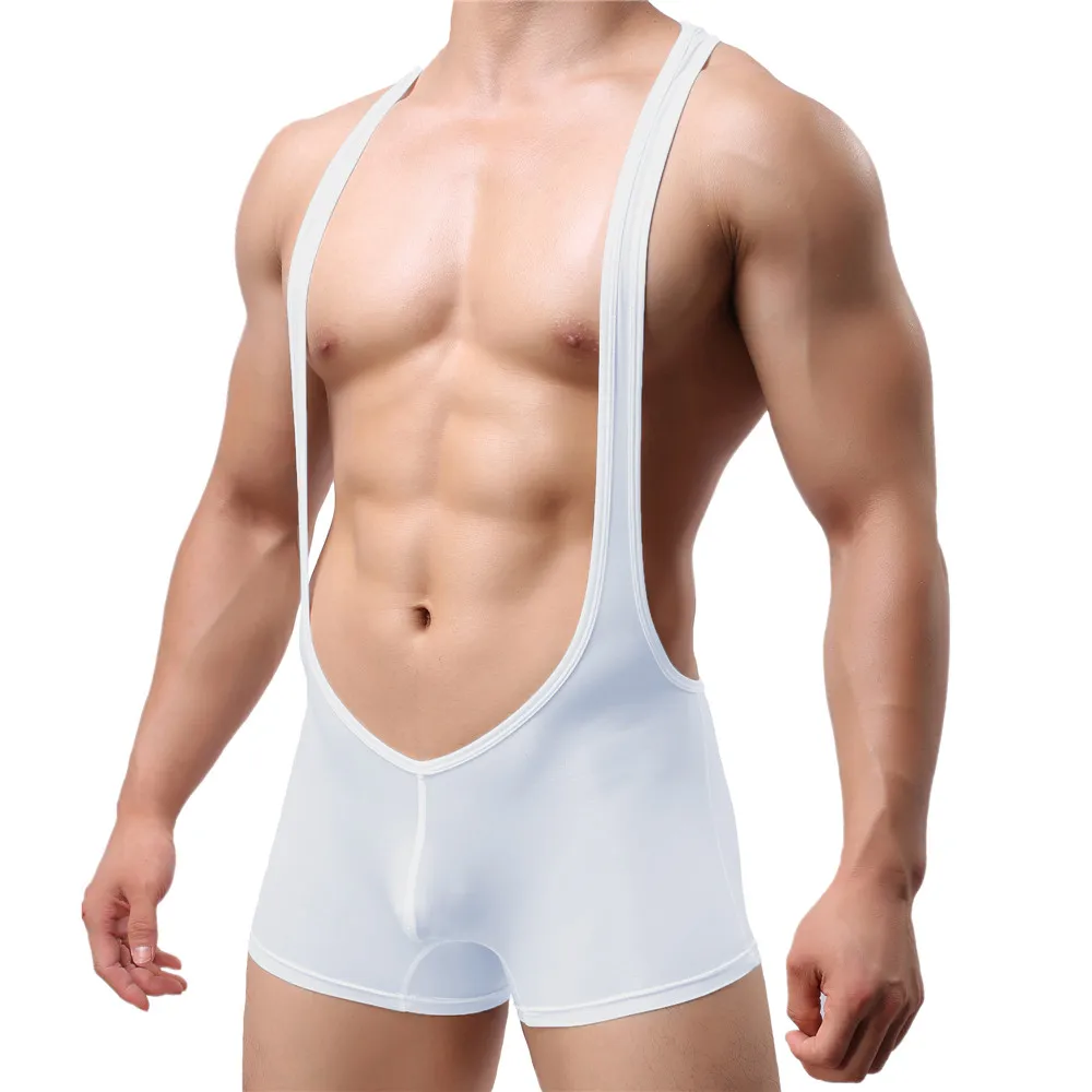 Men Elastic Undershirts Smooth Bodysuit One-Piece Jumpsuit Wrestling Singlet Leotard Pajamas Penis Pouch Boxer Shorts Underwear
