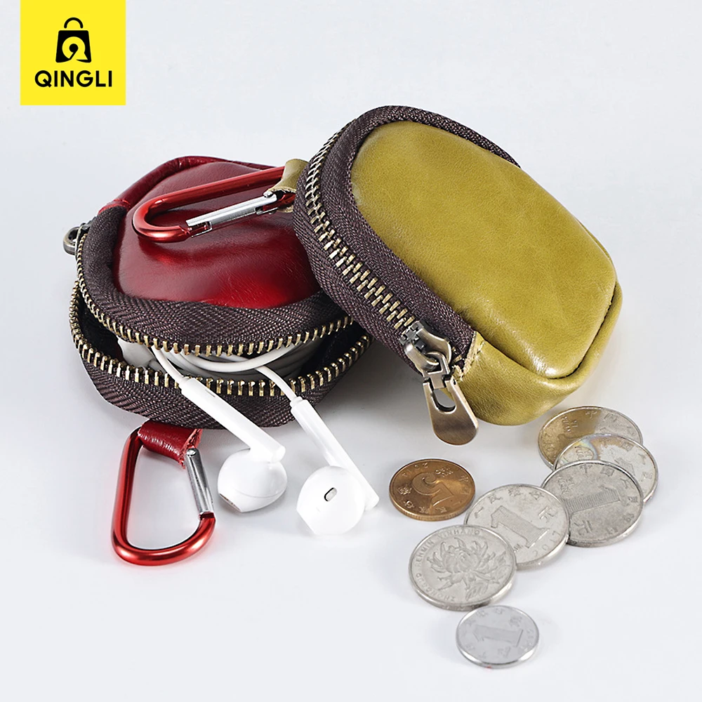 New Cowhide Coin Purse Genuine Leather Mini Wallet Carabiner Headset Coin Bag with Key chain Women's Bag Pendant Change Wallet