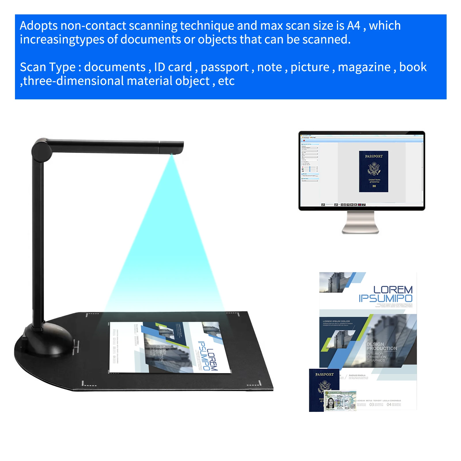 Document Book Camera Scanner 8 Mega-pixel HD High-Definition A3 Scanning Size with USB Port LED Light OCR Function for Office