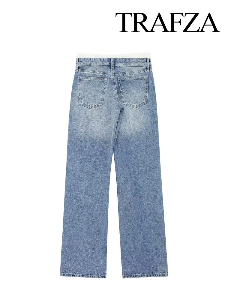 TRAFZA Summer New Women's Retro Denim Blue Street Trousers Fashion Mid-waist Splicing Pocket Women's Zipper Trousers Casual Jean