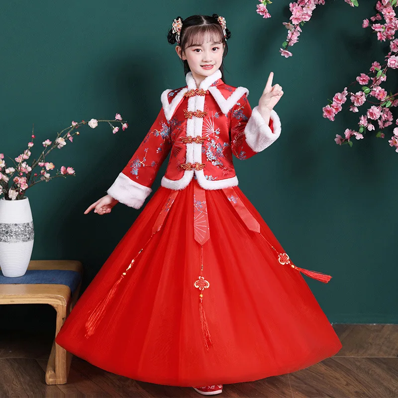

Girl Winter Thick New Year Greeting Flower Print Dress Kid Chinese Style Vintage Button Hanfu Qipao Performance Princess Vestido