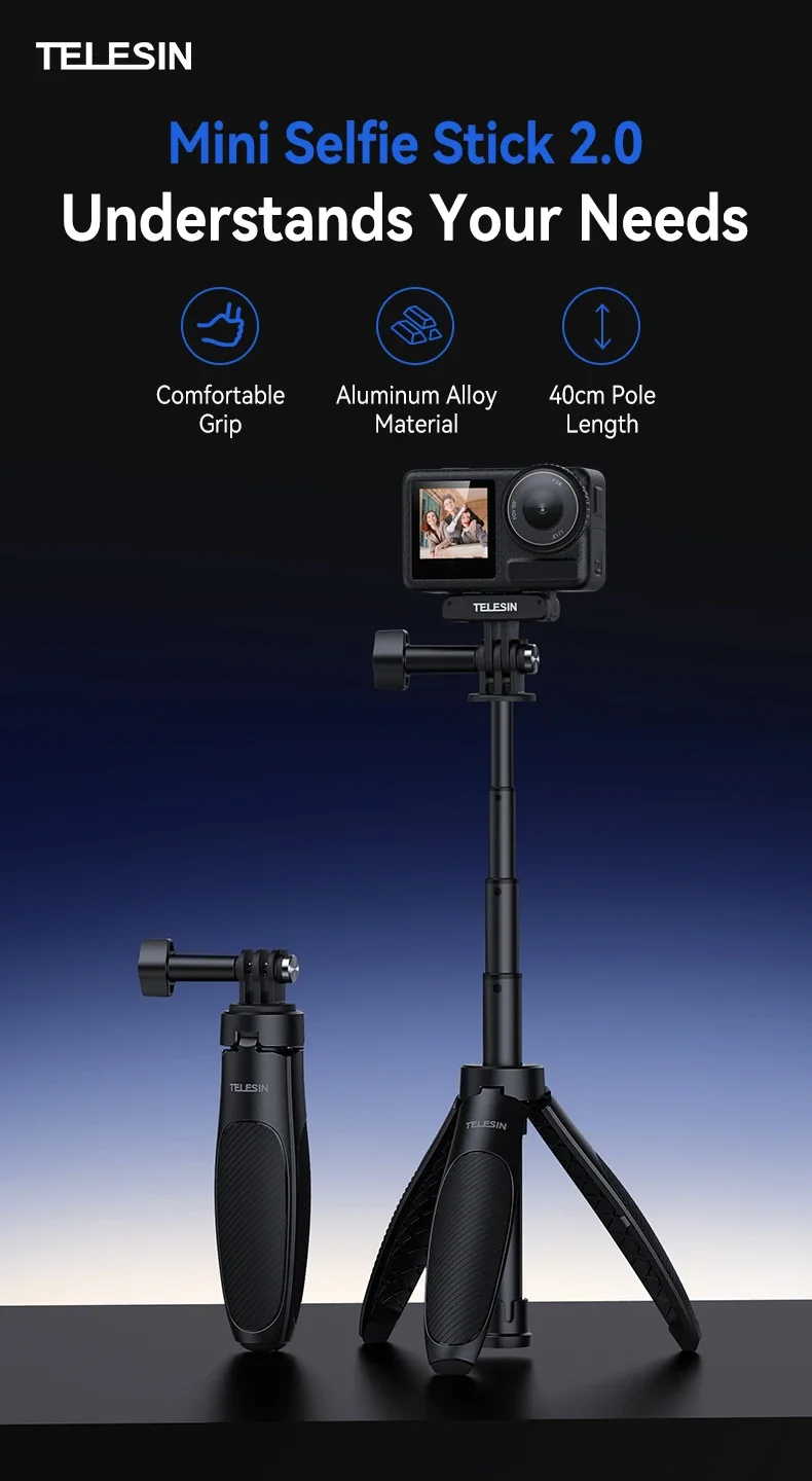 Portable Extendable Selfie Stick Tripod for GoPro/Insta360/DJI Osmo - Quick Rele