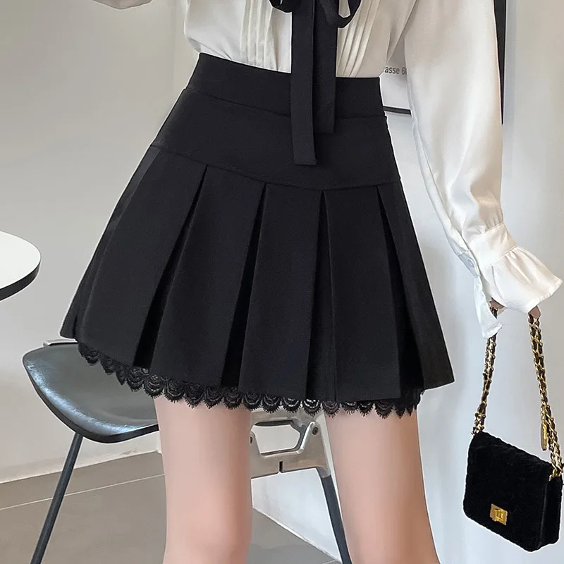 

Black Slim Fit High Waist Pleated Lace Mini Skirt Woman A-line Short Skirt Dress Female Sweet Girl Fashion Spring Summer Clothes