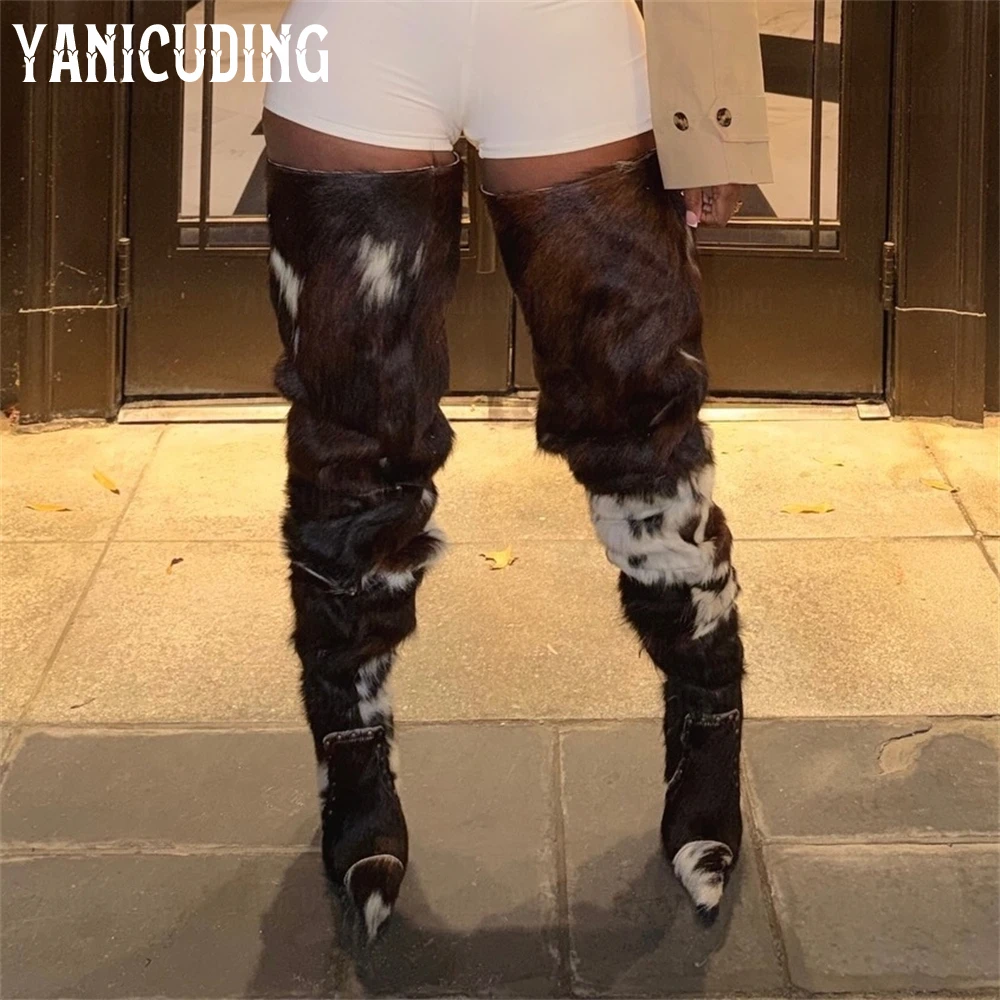Cowhide Furry Thigh High Boot Fashionable Black Rivet over the Knee Boots Designer Style Pointed Toe Stiletto Boots for Women - Image 6