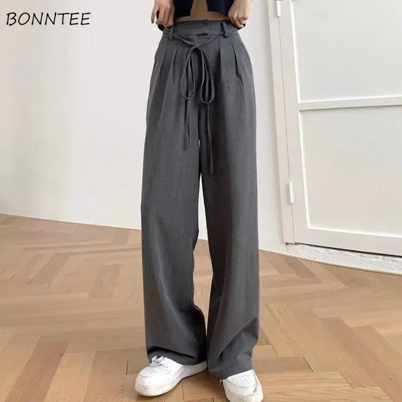 

Pants Women Solid Loose All-match High Waist Fashion Simple Summer Straight Korean Style Leisure Folds Design Elegant Tender New