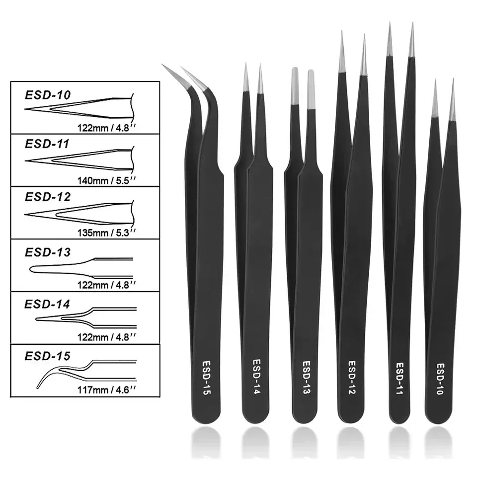 Precision Tweezers Set 6 Pcs Anti-Static ESD Tweezer Stainless Steel Repair Tools for Electronics Soldering Model Jewelry Makin