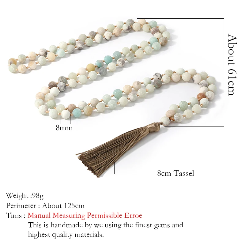 OAIITE 8mm Frosted Amazonite Mala Necklace for Women 108 Beads Knotted Necklace Yoga Rosary Stone Bracelet Japamala Jewelry Set