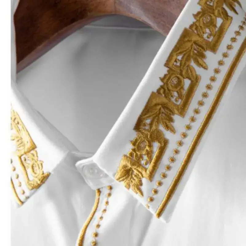 Cotton Long Sleeve Male Shirts Luxury Solid Color Floral Embroidery Casual Mens Dress Shirts Slim Fit Party Man Shirts