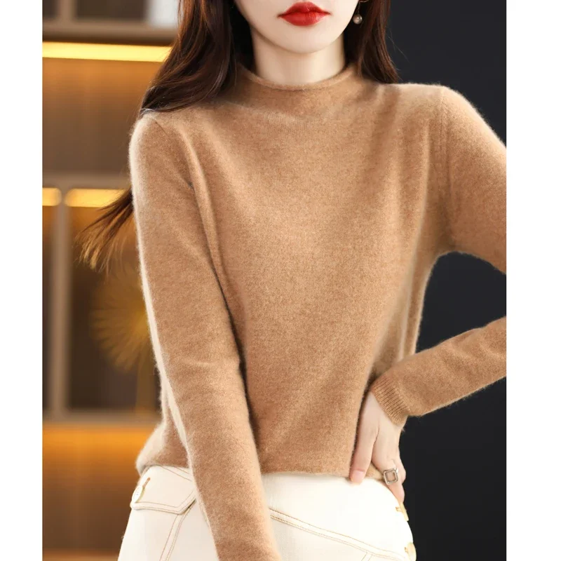 

Women 100% Merino Wool Knitted Sweater Autumn Winter Fashion Curled Half High Collar Pullover Casual Warm Cashmere Top Clothes