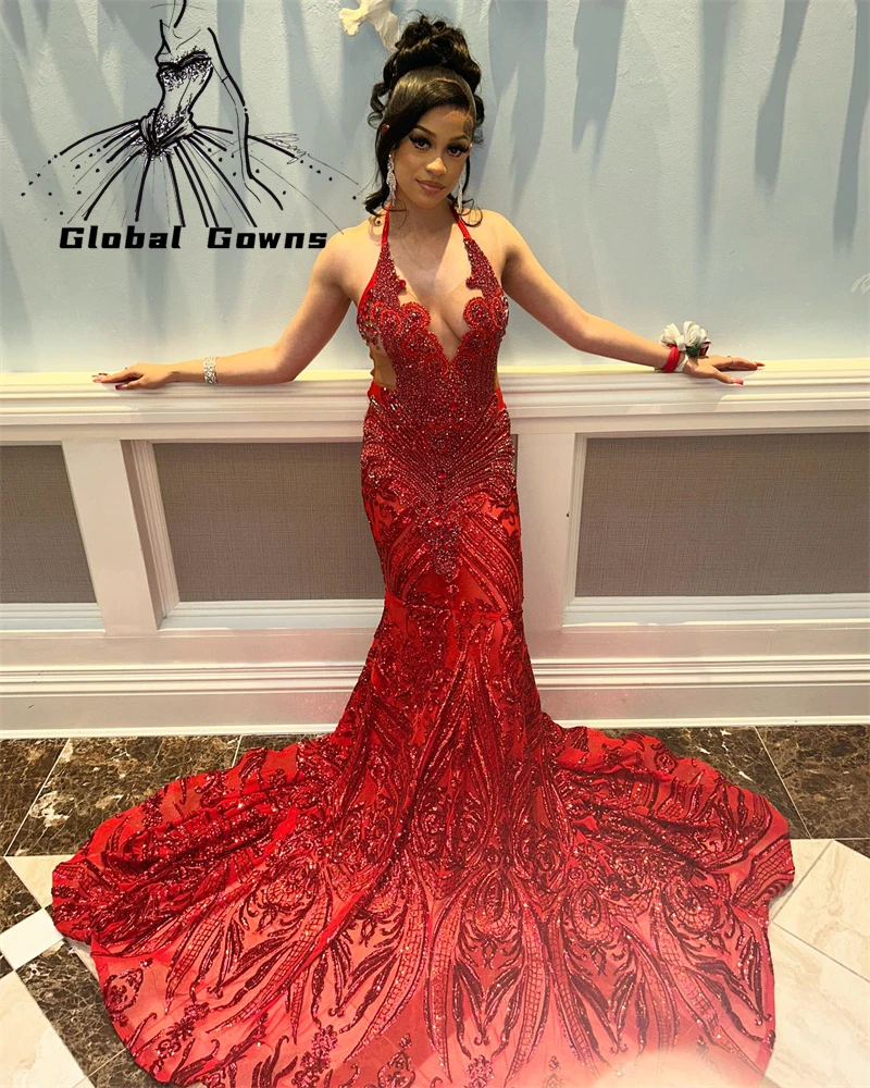 

Red Halter Evening Dresses 2023 Beaded Crystal Celebrity Dress Sequined Elegant Wedding Party Formal Prom Gowns Custom