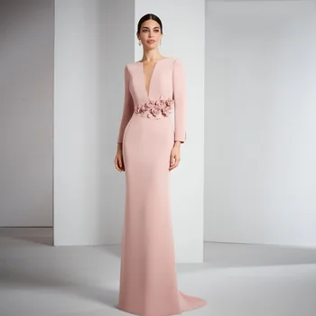 Abiti eleganti per la madre della sposa rosa con scollo a V maniche lunghe Abiti da festa di nozze personalizzati Fiori Sirena 2025 فساتХуфи