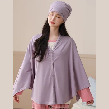 Korean Style Loose Pregnant Women Floral Shirts Long Loose Blouse Plus Size Maternity Nursing Covers Breastfeeding Cape with Hat