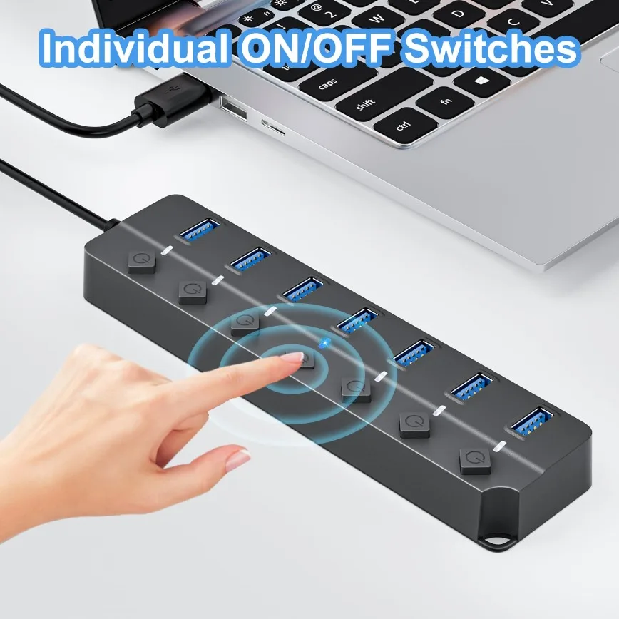 7포트 USB 허브 3.0 USB 허브 확장기 분배기, 개별 온/오프 스위치 및 조명 포함, 맥북 노트북 PC 플래시 드라이브 모바일 HDD용
