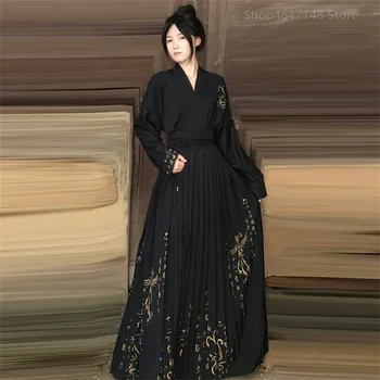 Abito tradizionale cinese Hanfu da donna in jacquard nero a maniche lunghe con stampa fenice gonna a faccia di cavallo abiti da sera eleganti 1