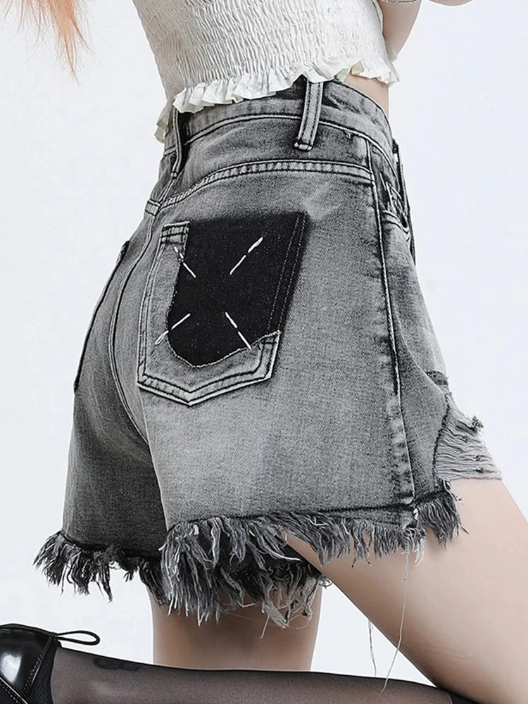 Summer Irregular Chicly Tassels Simple Split Female Jean Shorts American Sexy High Waist Fashion Hollow Out Casual Womens Shorts