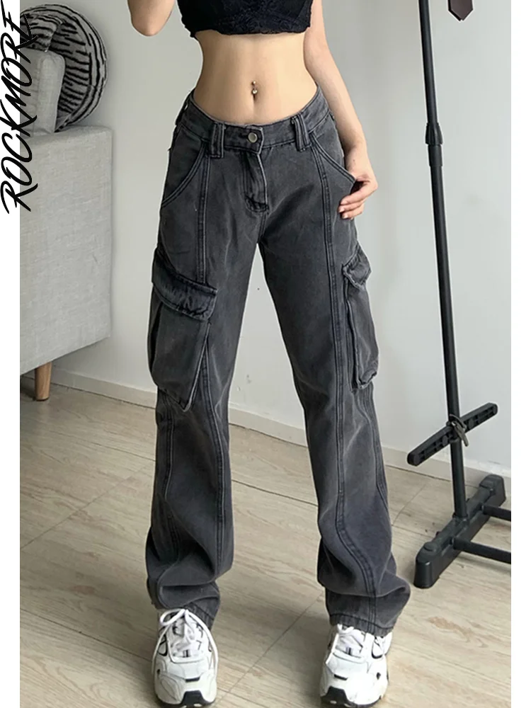 Rockmore Baggy Pockets Jeans Women Vintage Cargo Pants Y2K Streetwear ...