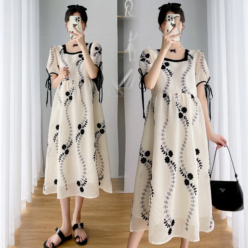 

Maternity Dresses Elegant Floral Chiffon Summer Clothes for Pregnant Women Square Collar Short Sleeve Pregnancy Vestidos
