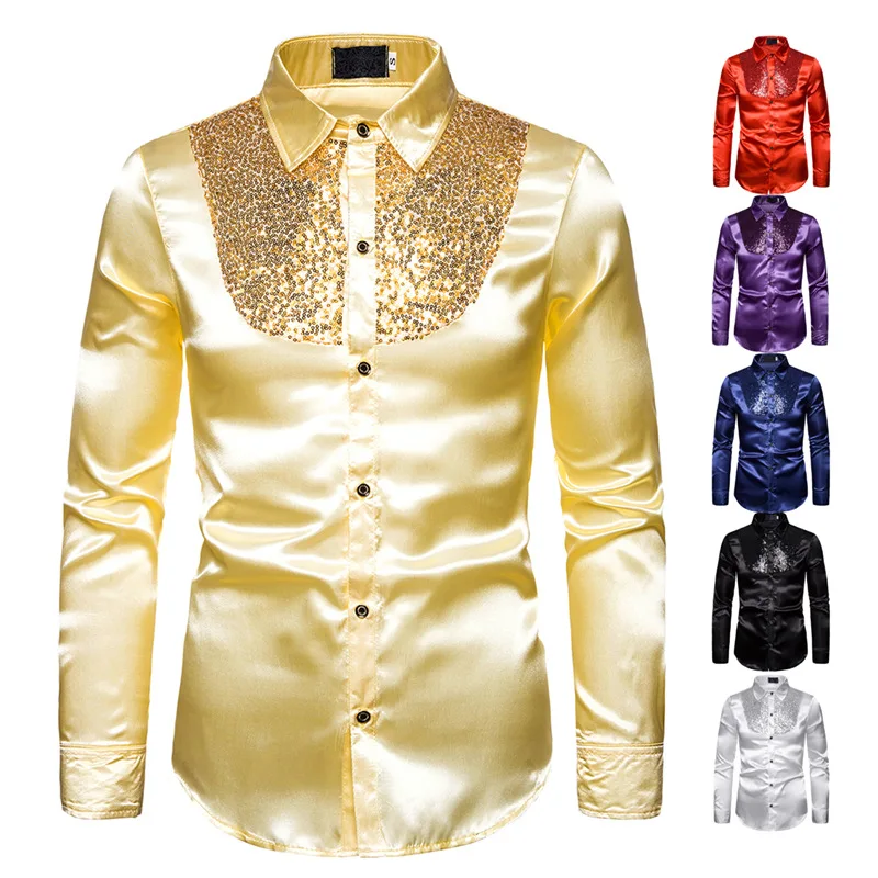 

Men Sequins Nightclub Host Shirts Long Sleeve Turn-Down Collar Tops Evening Party Button-Down Slim Fit Shirts Costume Clubwear