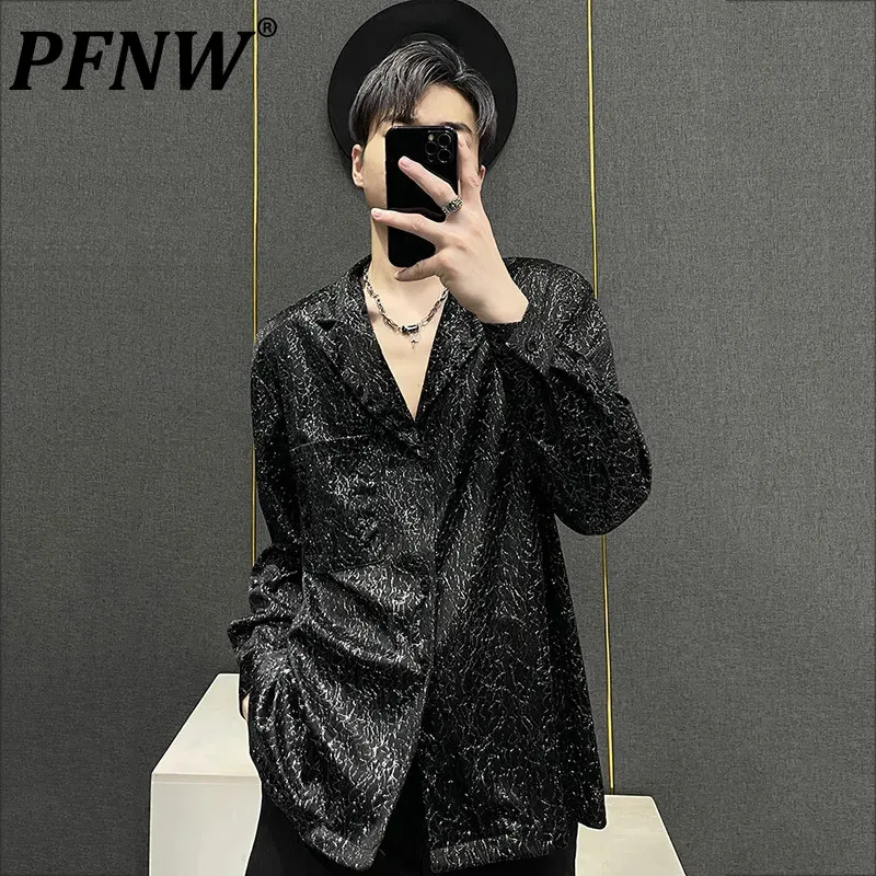 

PFNW Spring Summer New Men's High End Street Vintage Shirts Breathable Golden Silk Casual Notched Loose Thin Print Tops 28A2541