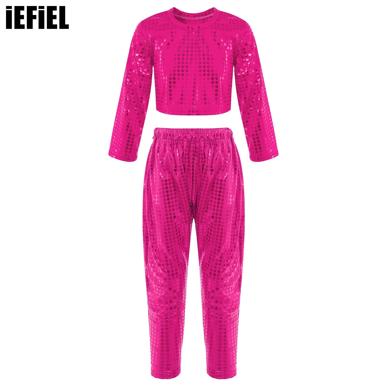 

Kids Girls Shiny Sequin Dance Outfits Long Sleeve Round Neck Crop Top+Harem Pants Outfit for Street Jazz Performance Costume