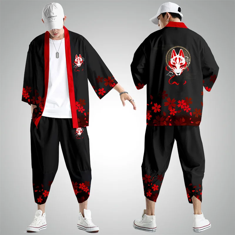 Two-piece Suit Oversize XXS-6XL Japanese Style Fashion Kimono And Pants Set Men Cardigan Blouse Haori Obi Asian Clothes 5