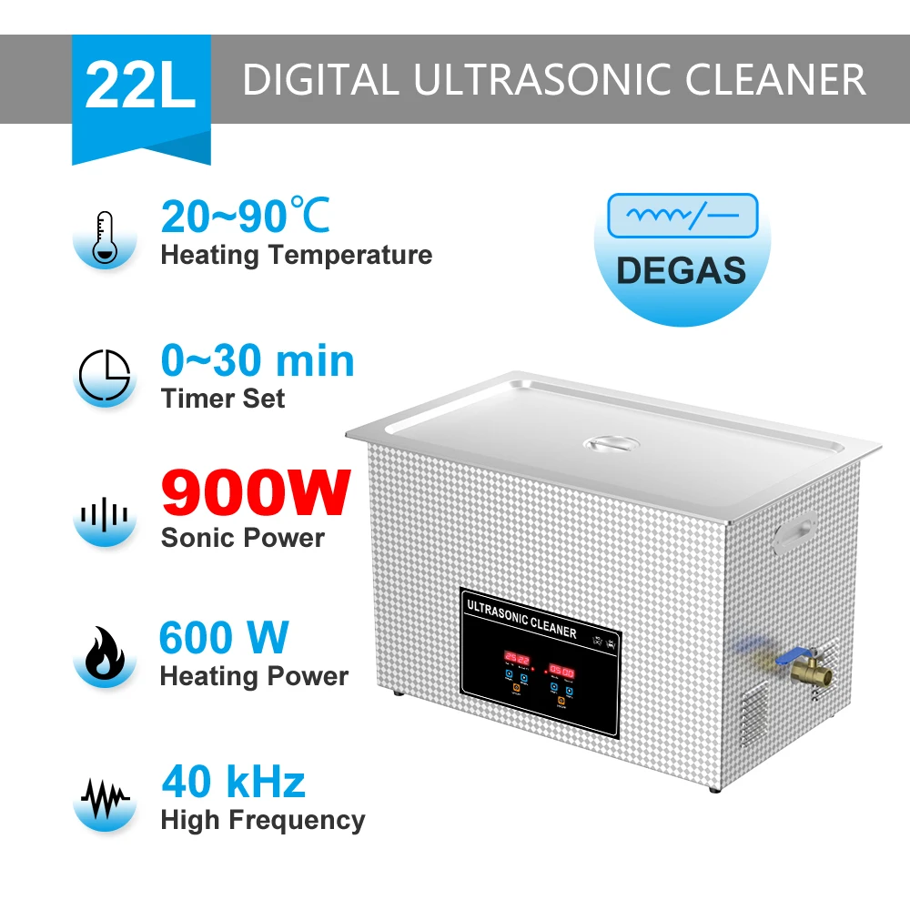 thumbnail image 1 of Baño ultrasónico digital de 900 W, 0,8 l, 2 l, 3 l, 6 l, 10 l, 15 l, 22 l, 30 l, temporizador de calentador, desgasificador, cesta de limpieza, limpiador ultrasónico, herramienta de limpieza, 1 of 5