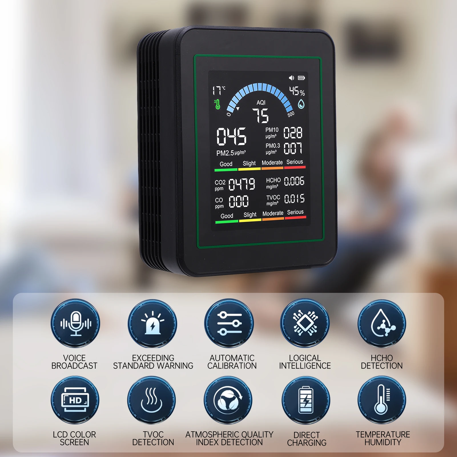 10 in 1 HCHO Meter, Portable Temperature and Humidity Meter with Color Screen for Home, Office, Vehicle, Detect PM0.3 PM2.5 PM10