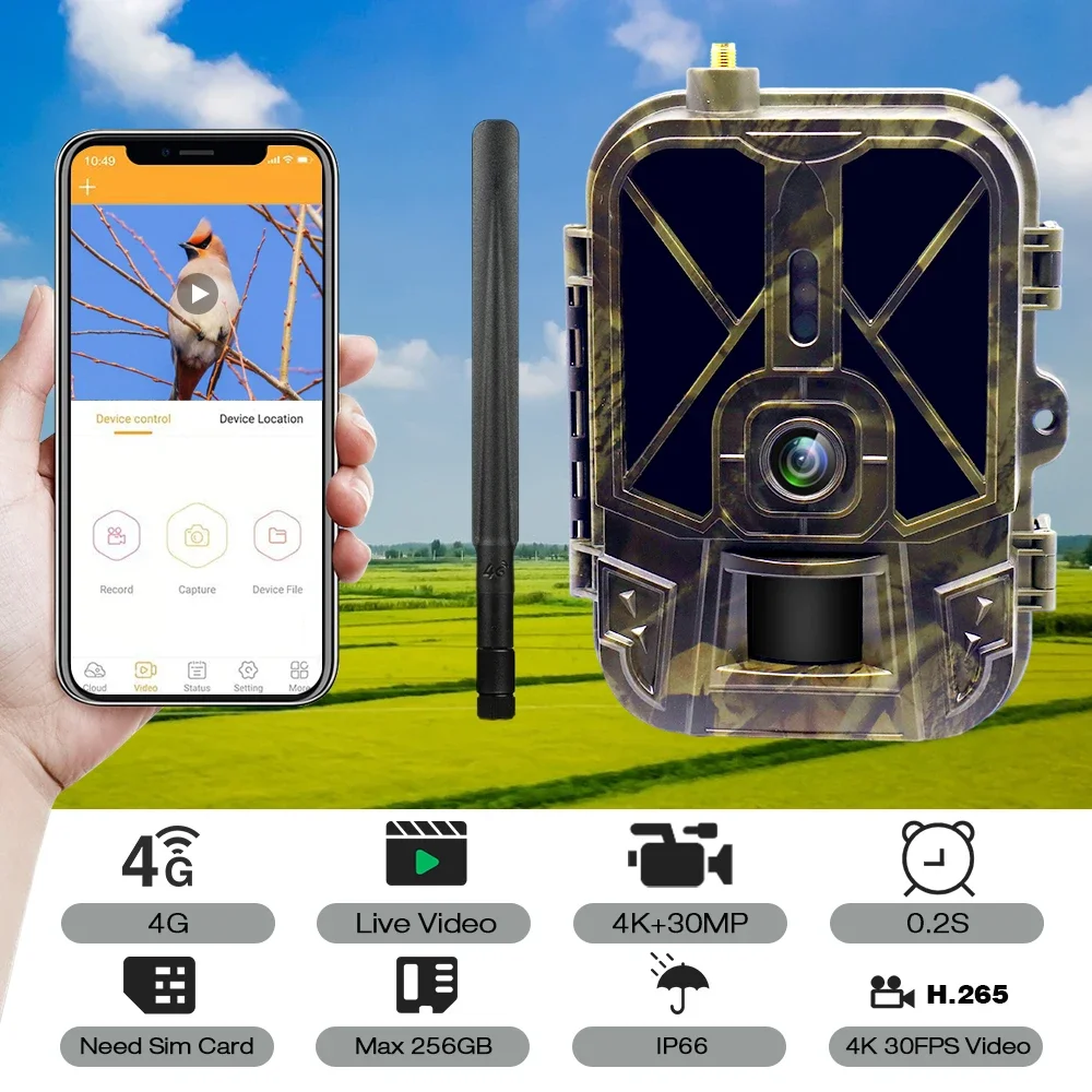 클라우드 사냥 카메라, 야외 추적, 야간 투시경, 야생 동물 정찰, 4K 36MP APP, 4G 제어, AA 배터리, 120 ° 감지