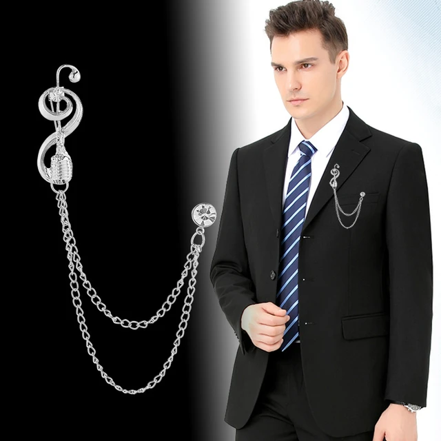 Key Shaped Mens Brooches Pins, with Chains Collar Lapel Pin Brooch