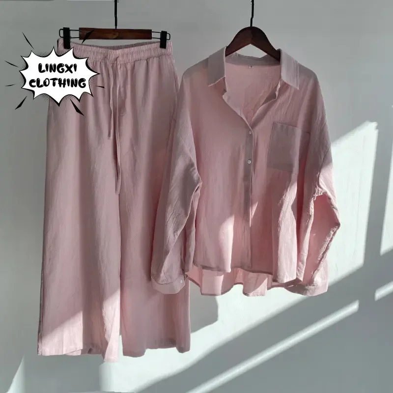 2024 Summer New Trend Cotton and Linen Shirt Suit High Waist Loose Trousers Elegant Women Sets Two Piece Set for Women