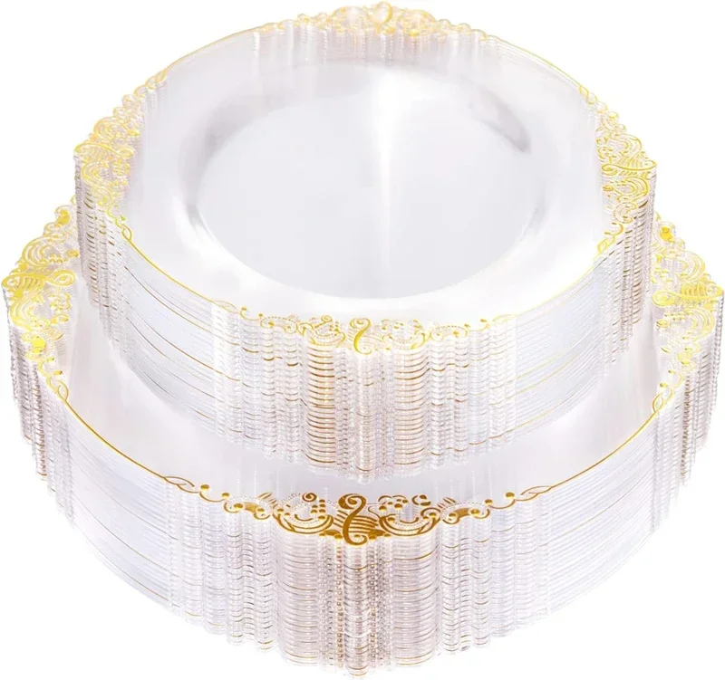 50 People Plastic Dinner Plates White Plastic Plates with Gold Rim Gold Lace for Weddings Celebration
