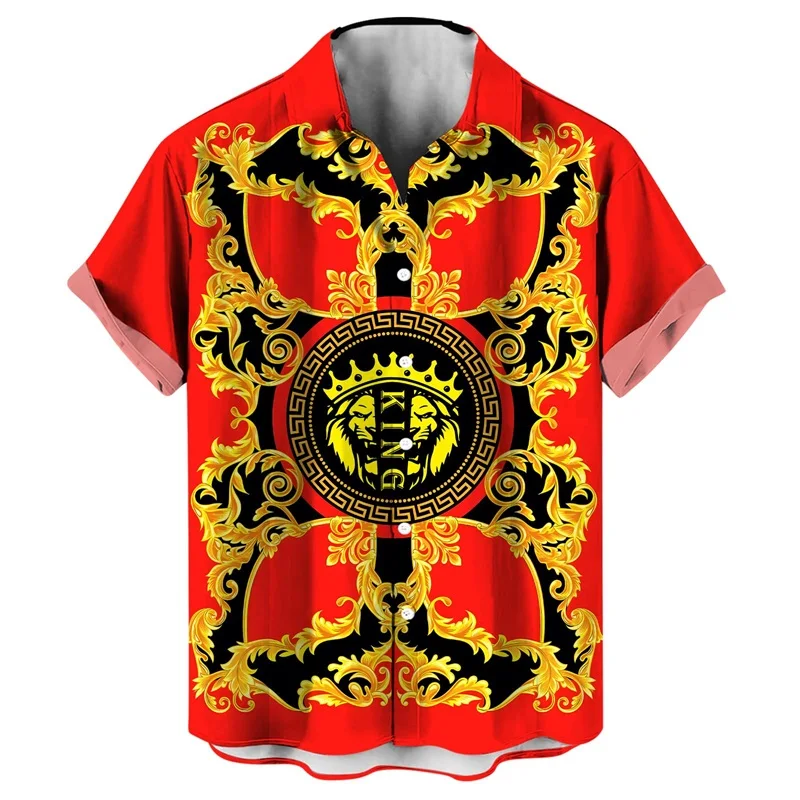 thumbnail image 1 of Camisetas con botones y estampado gráfico completo en 3D de la reina y el rey para hombre, divertidas camisetas hawaianas con gráficos dorados y negros para hombre, 1 of 5
