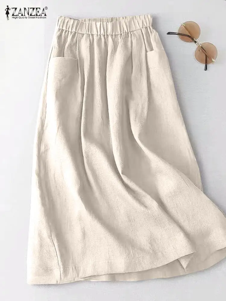 ZANZEA Holiday Midi Skirt Elastic Waist Side Pockets Faldas Saias Jupe 2023 Summer Women Cotton Skirt Casual Solid A Line Skirts