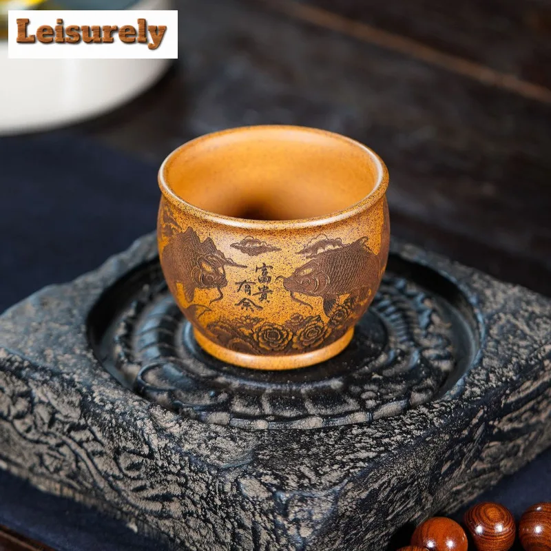 225ml Yixing Zisha Wood-fired Porcelain Both Fish Teacup Elegant Tea Bowl Jug Tea-tasting Fragrance Cup Jianzhan Master Cups