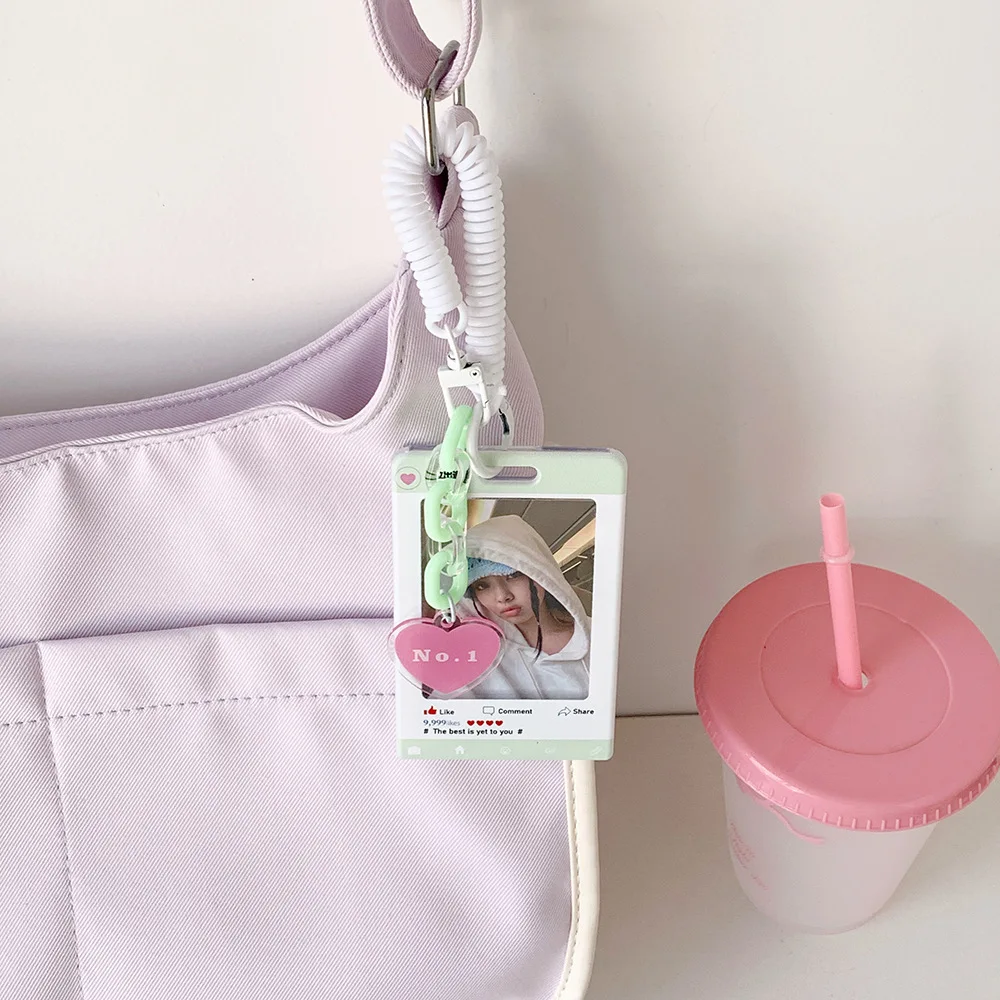 Heart Pendant Photo Card Holder Anti-lost Keychain 3 Inch Idol Photocard Stand Protective Case Bag Student ID Badge Holder
