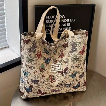 Large capacity chic canvas handbag with colorful butterfly and floral design - fashionable zipper shoulder bag 1