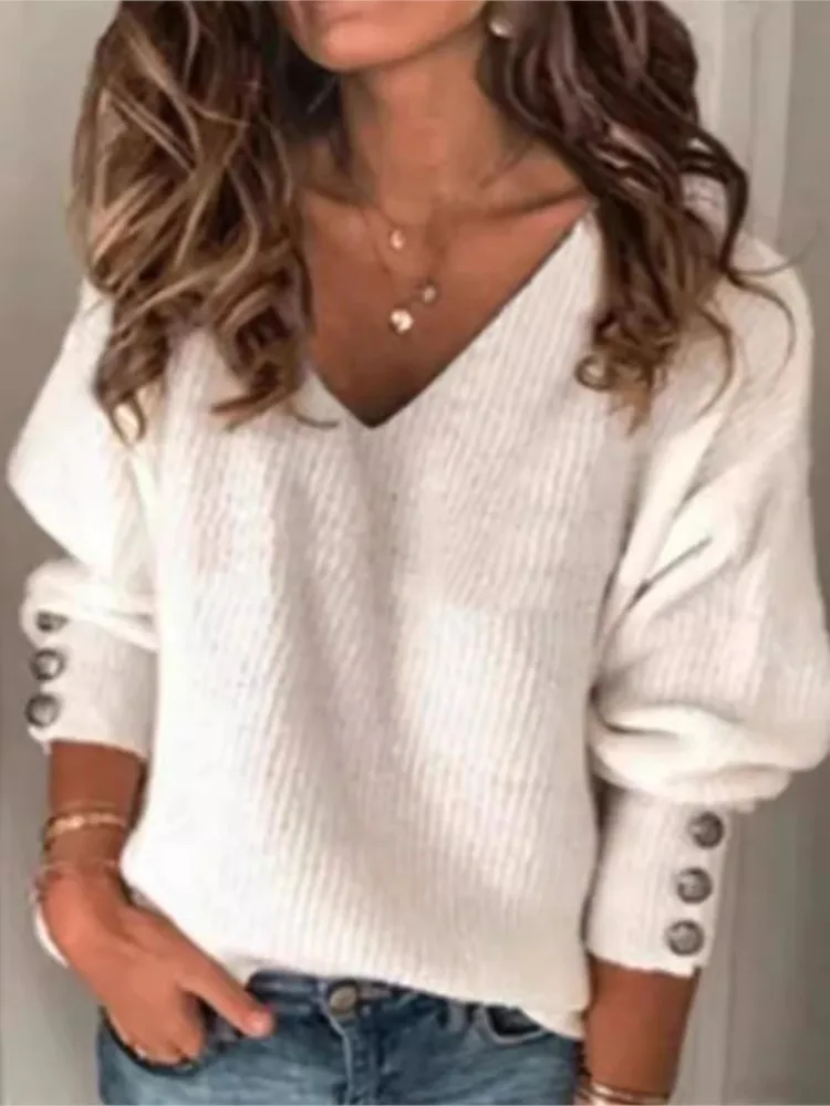 Spring Autumn Women's Loose Long Sleeve Knitted top T-shirt Solid V-Neck Knit Sweater Pullover Female Tops For Women 2024 2