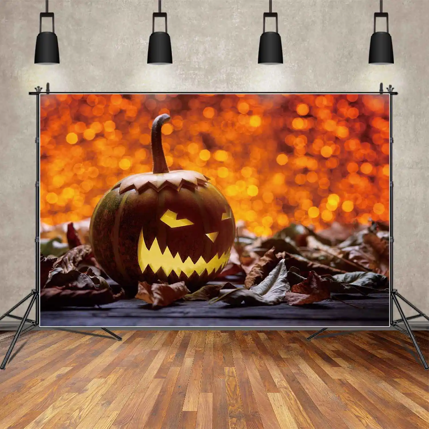 

MOON.QG Backdrop Glitter Wall Jack O Lantern Halloween Decoration Background Wooden Plank Maple Leaves Party Props Photo Booth