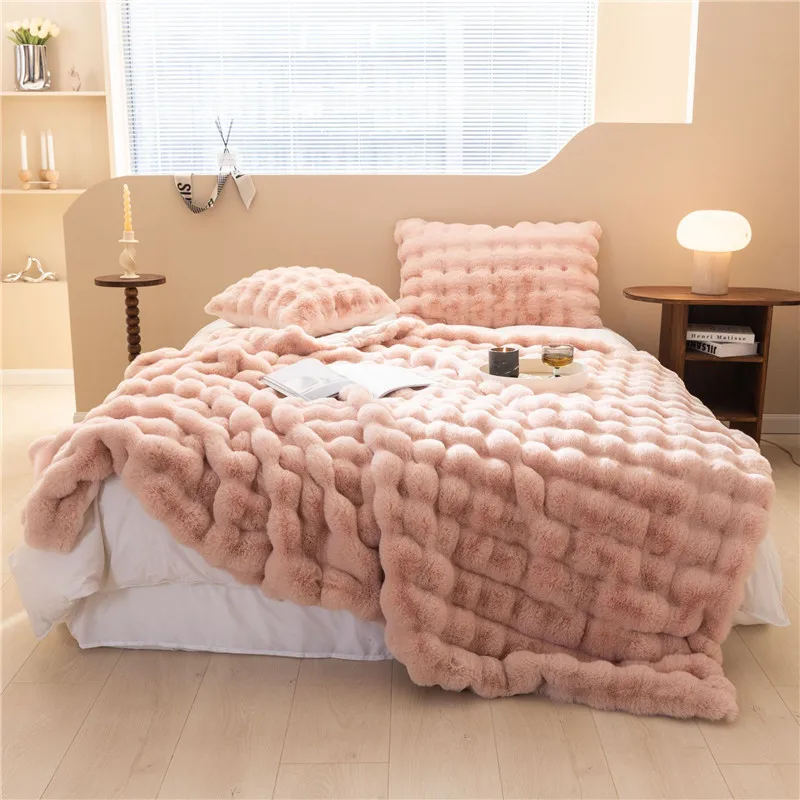 

Thicken Luxury Faux Fur Blanket Double Layer Winter Rabbit Fur Plush Plaid for Bed Cushion Cover Home Throw Blankets Bedspread
