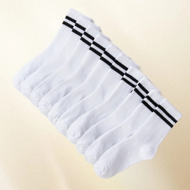 Fashion Women's Socks 10 Pairs High Tube Mid Length Socks Set Women In Solid Black White Parallel Bars Popular Sweat Absorption