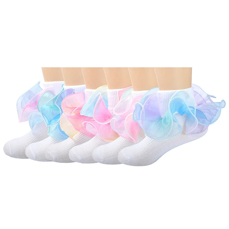 Korean Baby Girls 3D Ruffle Socks Children Multicolor Gradient Princess Students Dance Socks Kids Socks 1-10years Old