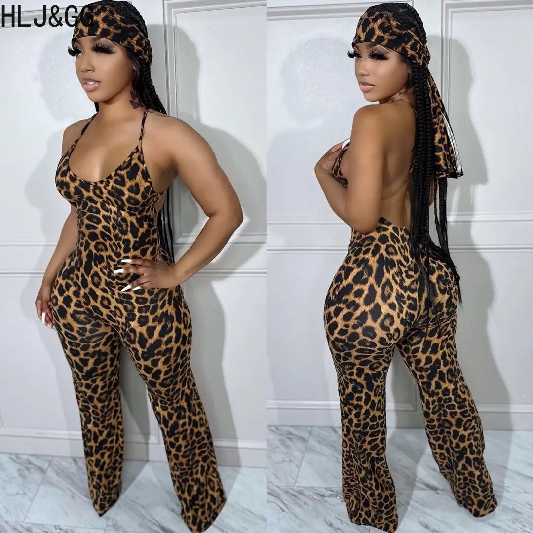 HLJ&GG Sexy Leopard Print Bodycon Jumpsuits Women Halter Sleeveless Backless Playsuits Female Wide Leg Pants One Piece Overalls