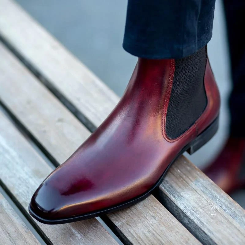 New Red Chelsea Boots for Men Business Square Toe Slip-On Men Short Boots Botas De Hombre