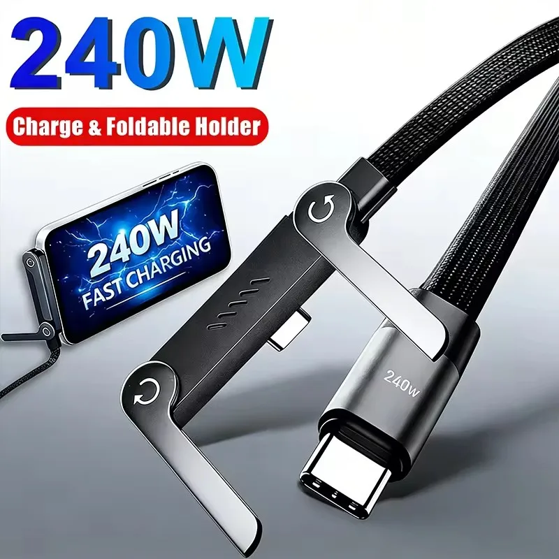 Cabo USB 2 em 1 de 240W com suporte dobrável, cabo de dados tipo C com carregamento rápido e suporte de mesa para Huawei, Xiaomi 17, 16 e Samsung.
