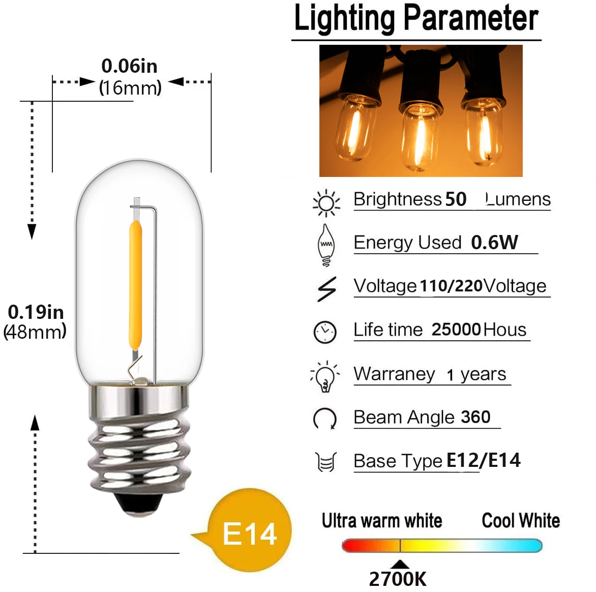 6pcs T16 빈티지 Led 전구 E14 E12 0.6W LED 필 라 멘 트 전구 220V 110V 따뜻한 흰색 용암 램프 교체 전구 홈 인테리어