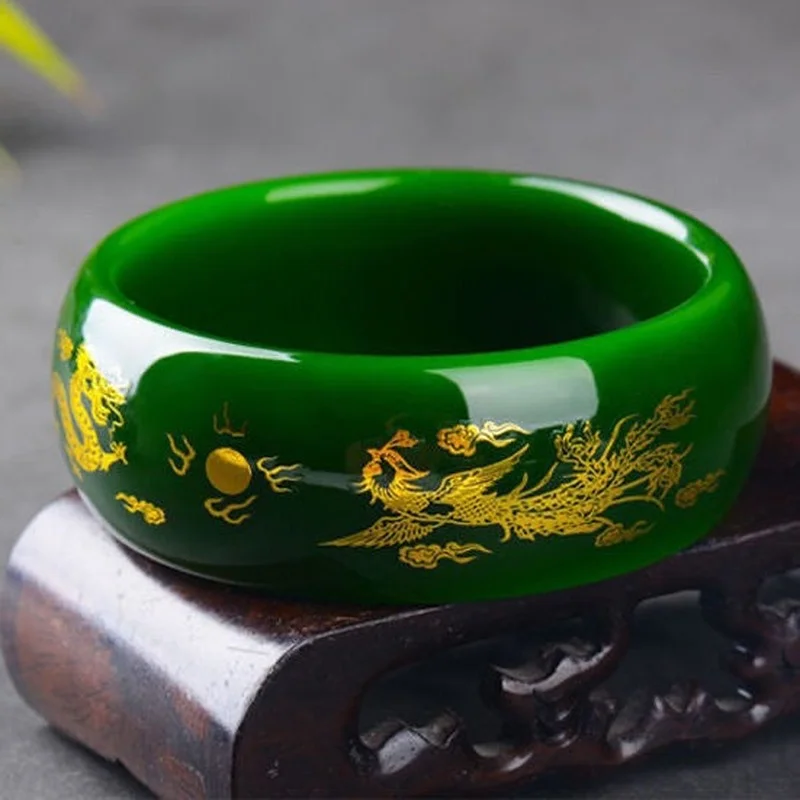 Xinjiang Hetian Jasper Bracelet Women's Spinach Green Gold Broadening Jade Bracelet