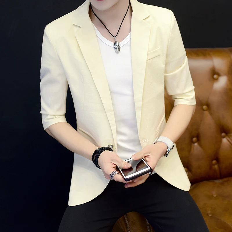 2024 Summer Small Suit Men Korean Version Seven-point Sleeve Top Slim Handsome British Suit Solid Color Sleeve Jacket Thin 3