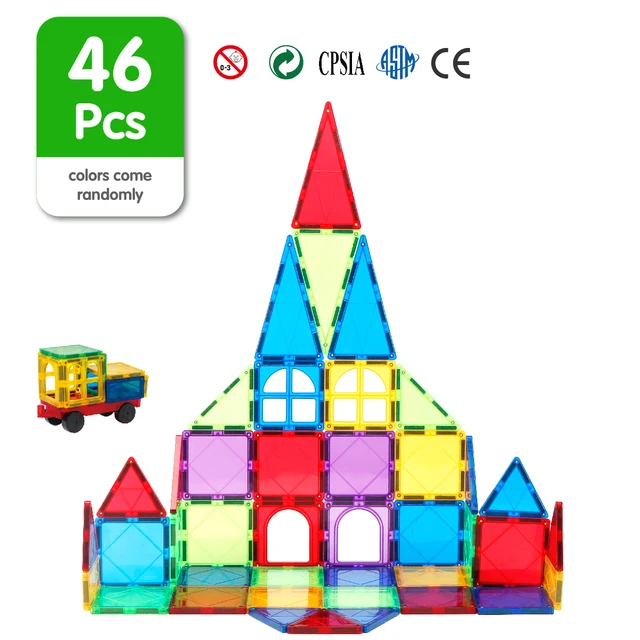 46PCS Big Size Kids Magnet Building Tiles Magnetic Building Blocks Toy Set with Car Wheelbase for Preschool Toddlers 1
