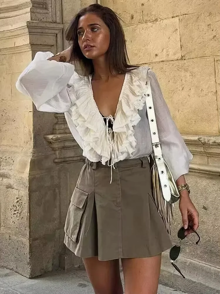 HH Women Fashion Ruffled Lace Up Blouses Translucent Thin Shirt Elegant Solid V-Neck Long Sleeve Shirts Spring Summer Tops