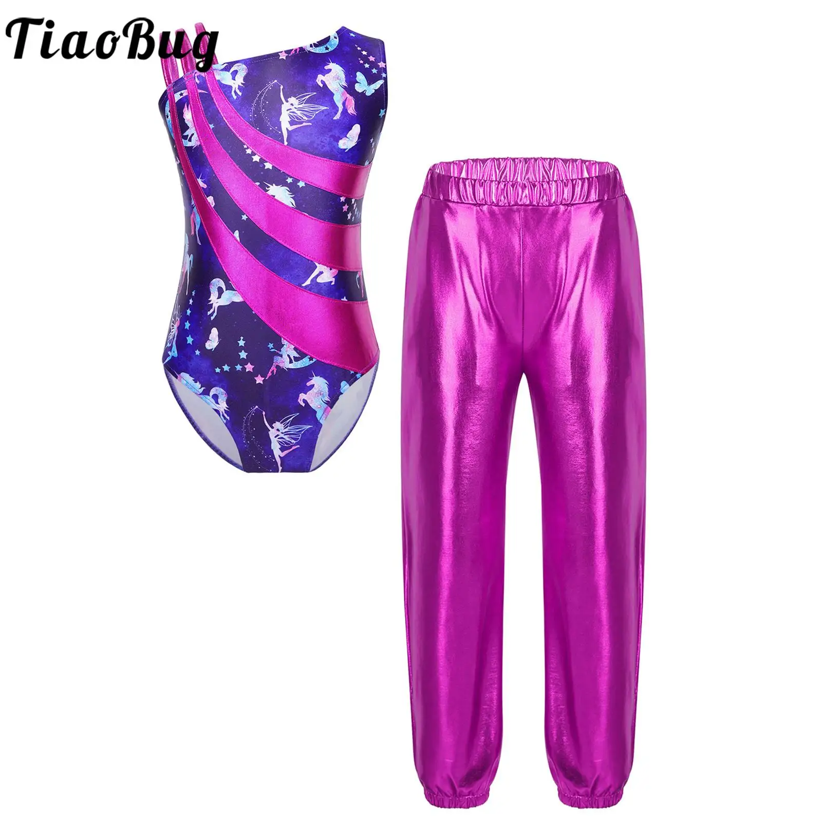 Kids Girls Dance Performance Set Asymmetrical Shoulder Straps Printed Patchwork Leotard with Pants for Gymnastics Competition